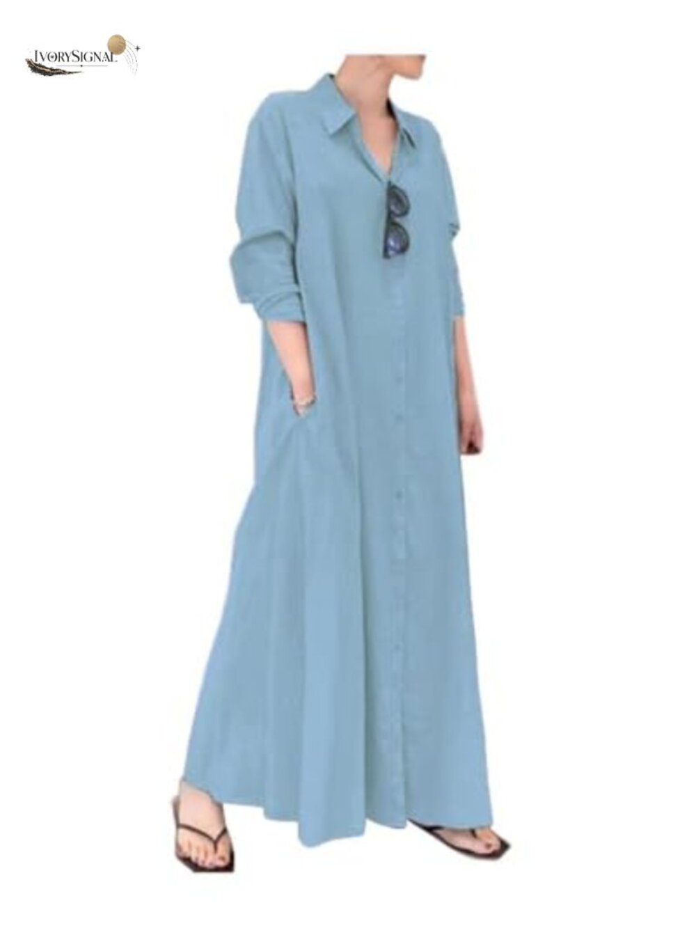 Maxi Dress Cotton Linen Long Sleeve Shirt Dress Button Down